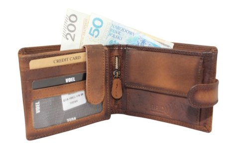 Portfel Męski Peterson Skóra Naturalna N992L Poziomy Z Zapinką Dwa Skrzydełka I Łańcuszek BRĄZOWY RFID 12 x 9,5 x 3 [cm] AUTO