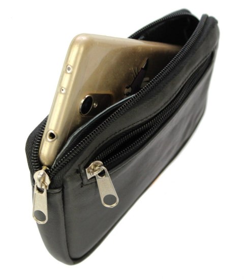 Skórzane Etui Na Telefon Saszetka KAWA Z MLEKIEM/CZARNY Na Pasek Z Suwakiem Polska Galanteria (PL) Na Smartfona 17,5 x 10,5 [cm]