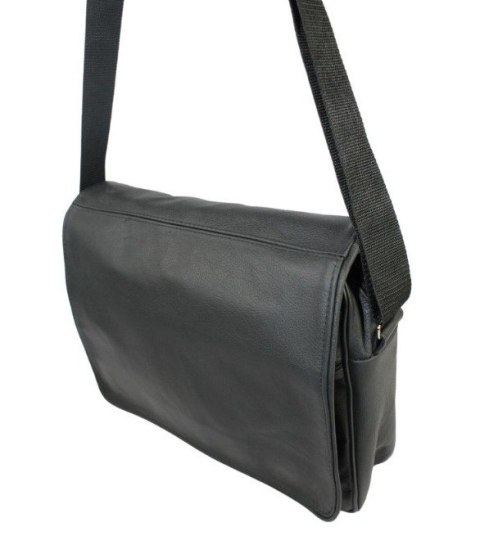 Skórzana Torba Na Ramię Pozioma GRETOS (PL) Listonoszka Z Klapką CZARNA 37 x 30 x 9 [cm]