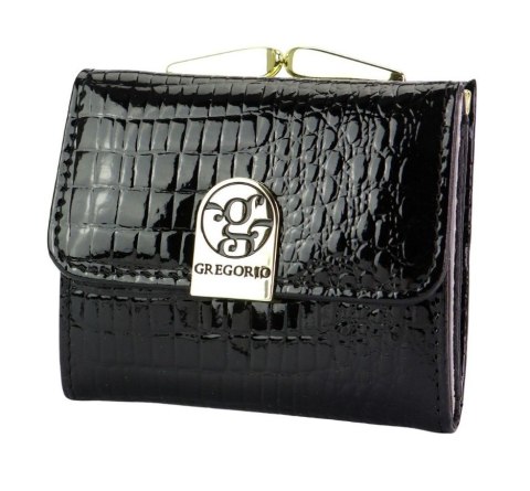 Portfel Damski Skórzany GREGORIO Skóra Licowa Lakierowany Mały Z Klamrą RFID GF-126 CZARNY 9.5 x 8 x 2.5 [cm]