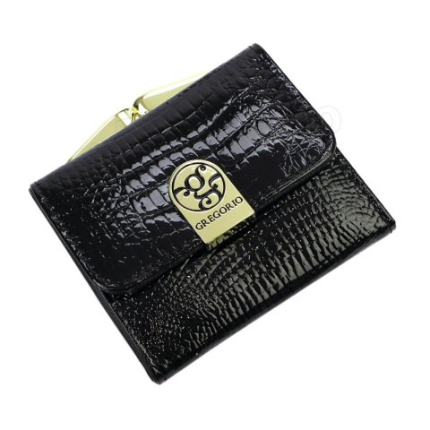 Portfel Damski Skórzany GREGORIO Skóra Licowa Lakierowany Mały Z Klamrą RFID GF-126 CZARNY 9.5 x 8 x 2.5 [cm]