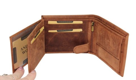 Portfel Męski Skórzany Peterson Skóra Naturalna Duży Poziomy Bez Zapięcia Dwa Skrzydełka N992 BRĄZOWY "CZASZKA" 13 x 10 x 2 [cm]