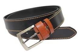 Pasek Męski Skórzany PAS-MAX (PL) Skóra Licowa 40 mm CZARNY SZYTY CIENKĄ BEŻOWĄ NITKĄ