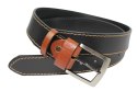 Pasek Męski Skórzany PAS-MAX (PL) Skóra Licowa 40 mm CZARNY SZYTY CIENKĄ BEŻOWĄ NITKĄ