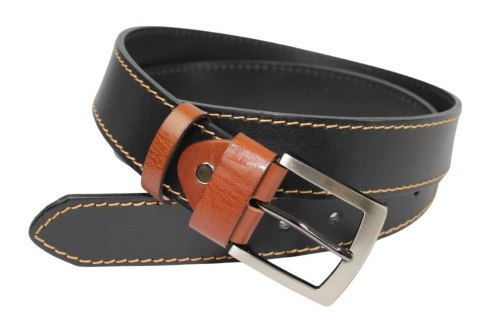 Pasek Męski Skórzany PAS-MAX (PL) Skóra Licowa 40 mm CZARNY SZYTY CIENKĄ BEŻOWĄ NITKĄ