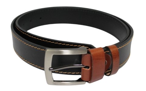 Pasek Męski Skórzany PAS-MAX (PL) Skóra Licowa 40 mm CZARNY SZYTY CIENKĄ BEŻOWĄ NITKĄ