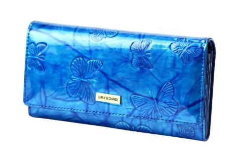 Portfel Damski Skórzany GREGORIO Długi Max Z Klamrą Lakierowany BTS-100 NIEBIESKI RFID 18,5 x 9,5 x 3,5 [cm]
