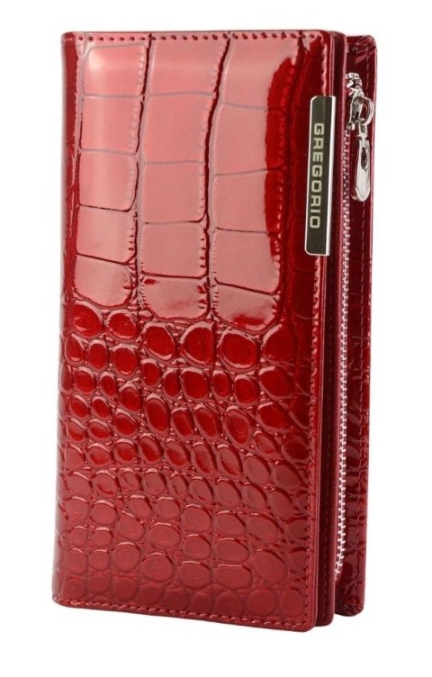 Portfel Damski Skórzany GREGORIO Lakierowany Długi Z Suwakiem Na Zewnątrz BC-124 CZERWONY 19,5 x 10 x 3,5 [cm]