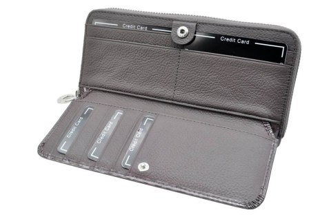 Portfel Damski Skóra Naturalna Lakierowana GREGORIO Duży Z Metalowym Suwakiem Piórnik FZ-111 SZARY 18,5 x 9,5 x 3,5 [cm]