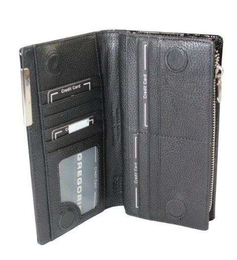 Portfel Damski Skórzany GREGORIO Lakierowany Długi Z Suwakiem Na Zewnątrz BC-124 CZARNY 19,5 x 10 x 3,5 [cm]